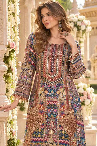 Navy crepe readymade suit with embroidery & aari work