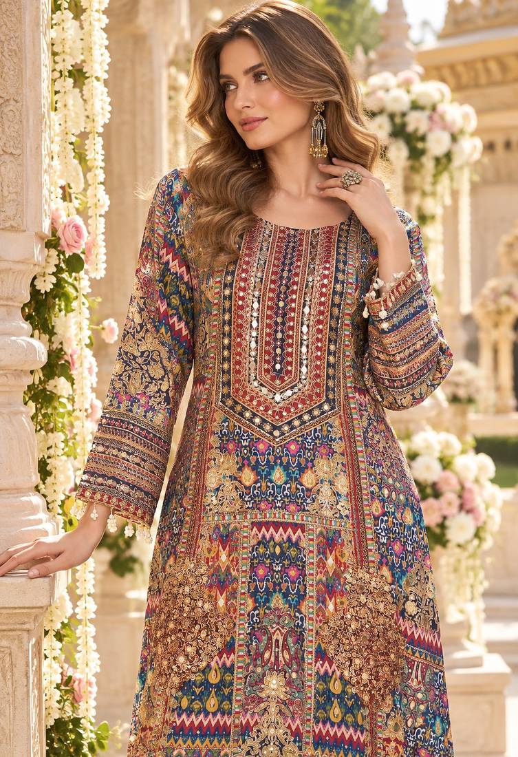 Navy crepe readymade suit with embroidery & aari work