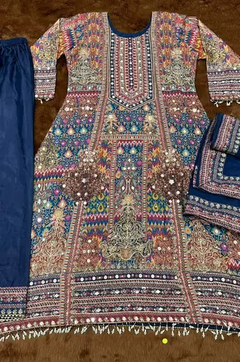 Navy crepe readymade suit with embroidery & aari work