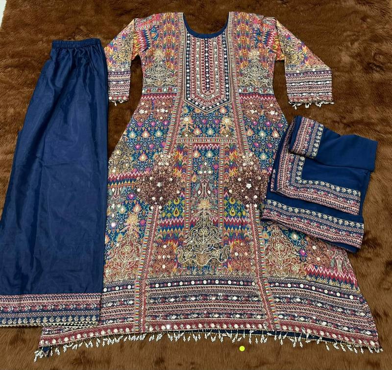 Navy crepe readymade suit with embroidery & aari work