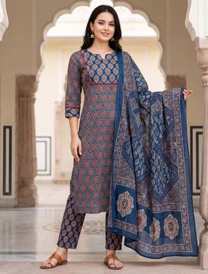 Blue printed straight kurta trousers with dupatta set 1