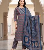 Blue printed straight kurta trousers with dupatta set