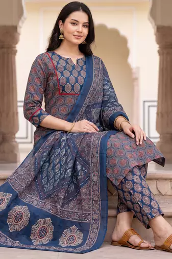Blue printed straight kurta trousers with dupatta set