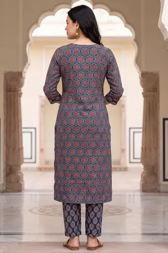 Blue printed straight kurta trousers with dupatta set