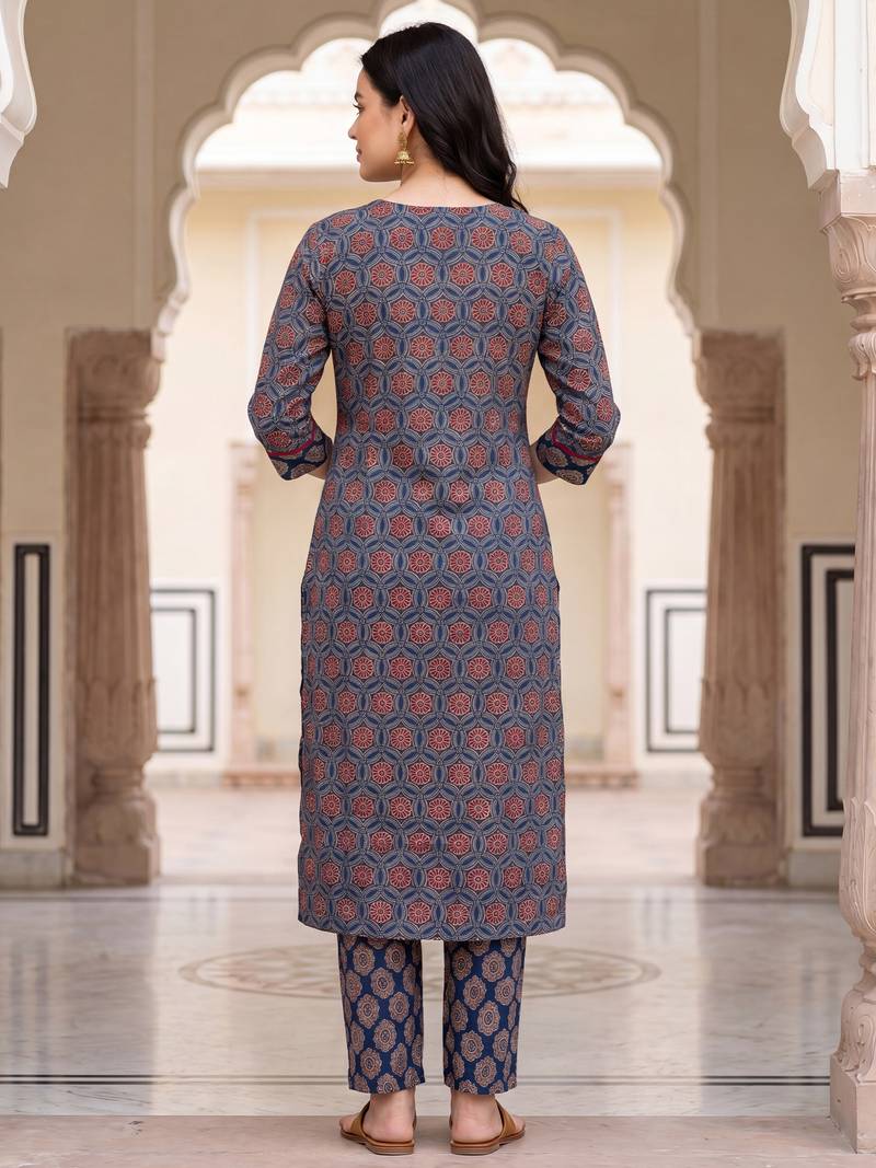 Blue printed straight kurta trousers with dupatta set