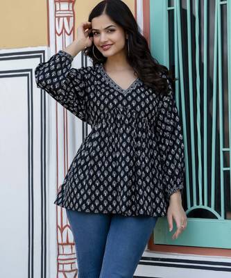 Black cotton printed top for women 3