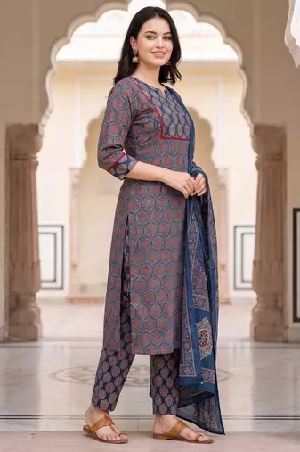 Blue printed straight kurta trousers with dupatta set