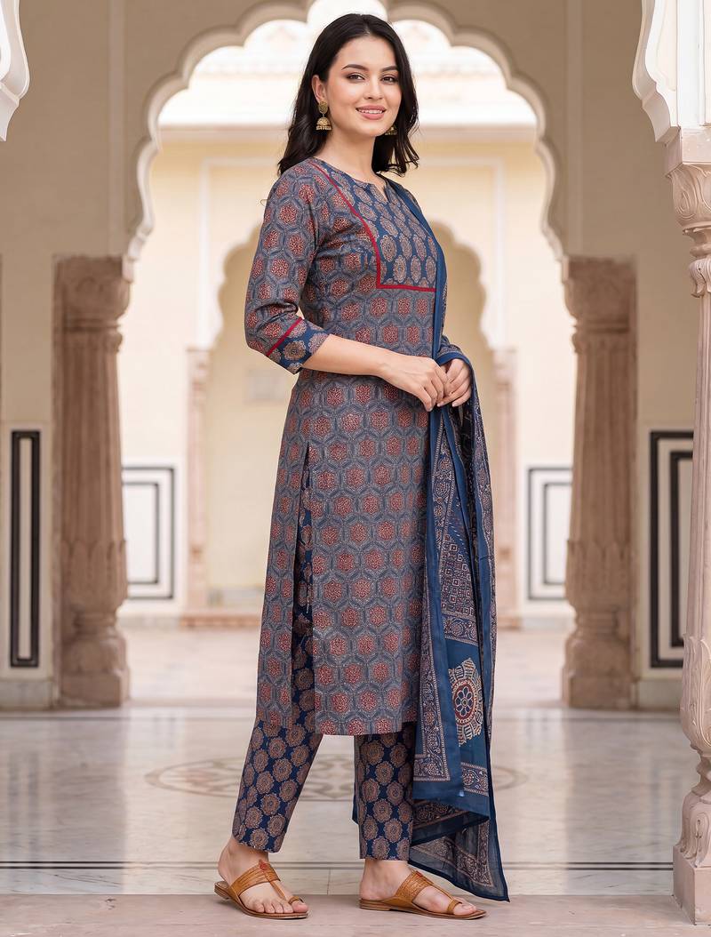 Blue printed straight kurta trousers with dupatta set