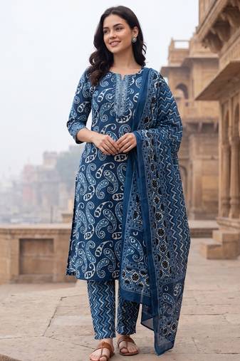 Blue printed straight kurta trousers with dupatta set