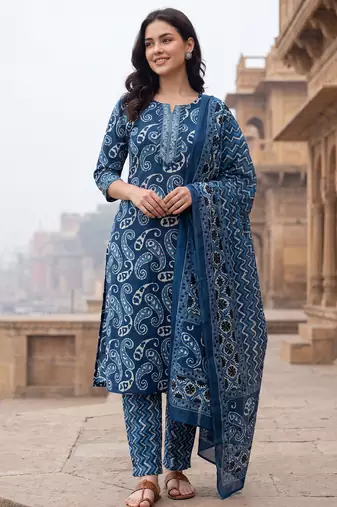 Blue printed straight kurta trousers with dupatta set