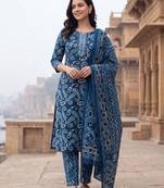 Blue printed straight kurta trousers with dupatta set