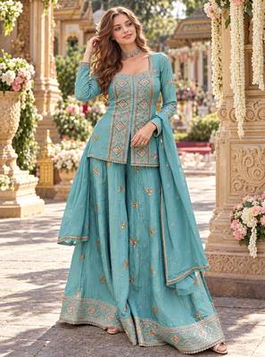 Blue chinon readymade suit with embroidery & sequence work 1