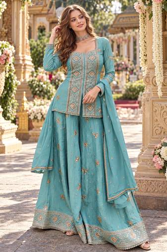 Blue chinon readymade suit with embroidery & sequence work