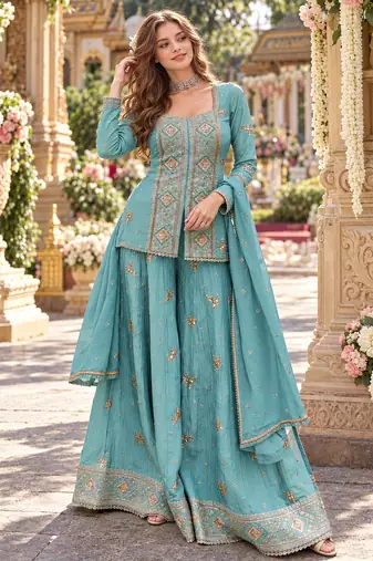 Blue chinon readymade suit with embroidery & sequence work
