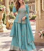 Blue chinon readymade suit with embroidery & sequence work