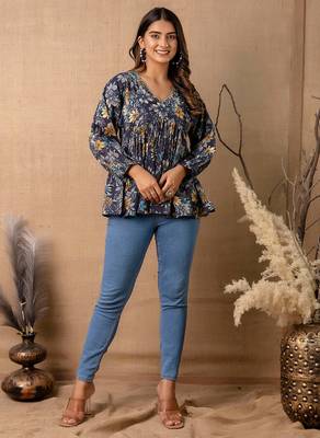 Navy-blue cotton printed top for women 1