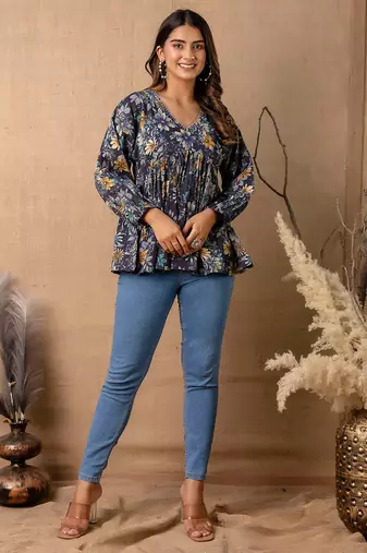Navy-blue cotton printed top for women