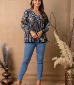 Navy-blue cotton printed top for women