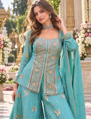 Blue chinon readymade suit with embroidery & sequence work 2