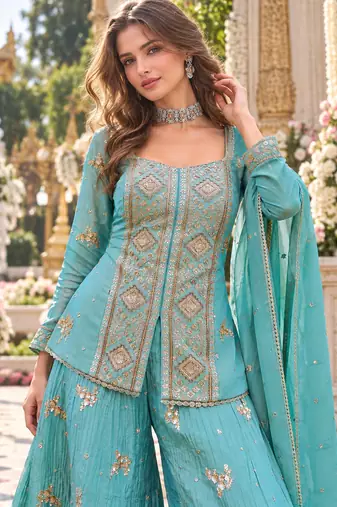 Blue chinon readymade suit with embroidery & sequence work