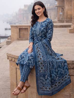 Blue printed straight kurta trousers with dupatta set 2