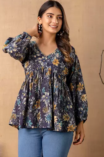 Navy-blue cotton printed top for women