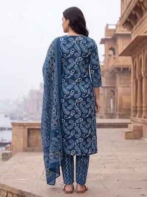 Blue printed straight kurta trousers with dupatta set 3