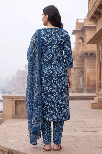 Blue printed straight kurta trousers with dupatta set