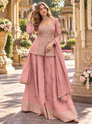Peach chinon readymade suit with embroidery & sequence work 1