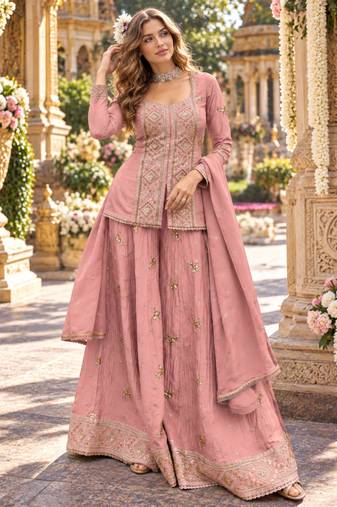 Peach chinon readymade suit with embroidery & sequence work