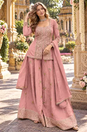 Peach chinon readymade suit with embroidery & sequence work
