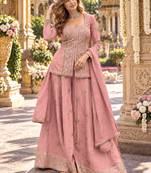 Peach chinon readymade suit with embroidery & sequence work