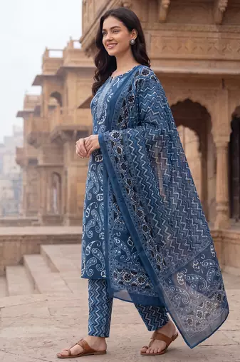 Blue printed straight kurta trousers with dupatta set