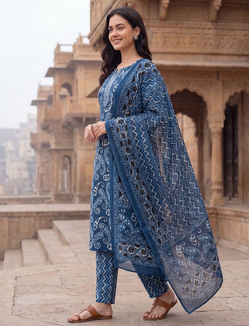 Blue printed straight kurta trousers with dupatta set