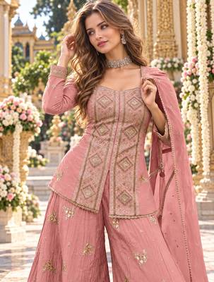 Peach chinon readymade suit with embroidery & sequence work 2