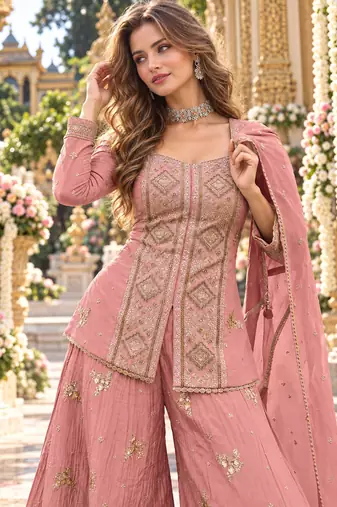 Peach chinon readymade suit with embroidery & sequence work