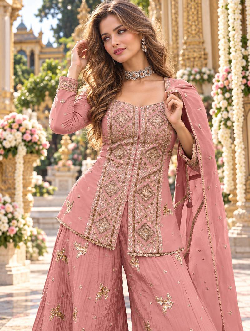 Peach chinon readymade suit with embroidery & sequence work