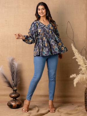 Navy-blue cotton printed top for women 5