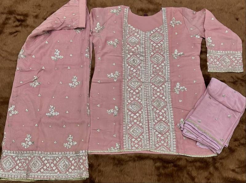 Peach chinon readymade suit with embroidery & sequence work