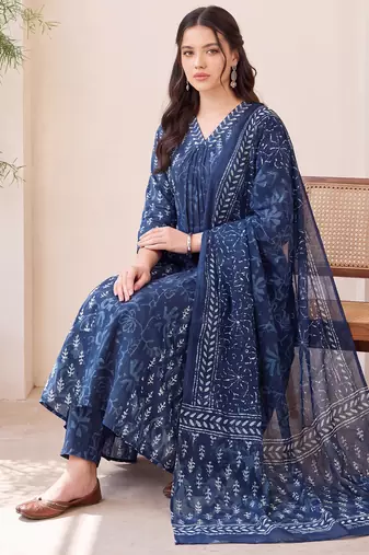 Blue printed a-line kurta trousers with dupatta set