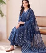 Blue printed a-line kurta trousers with dupatta set