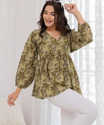 Green cotton printed top for women 1