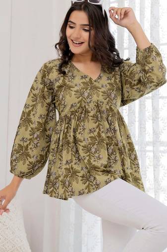 Green cotton printed top for women