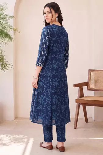 Blue printed a-line kurta trousers with dupatta set