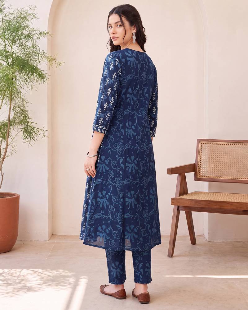 Blue printed a-line kurta trousers with dupatta set