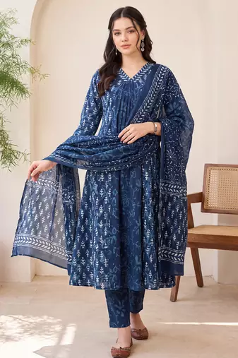 Blue printed a-line kurta trousers with dupatta set
