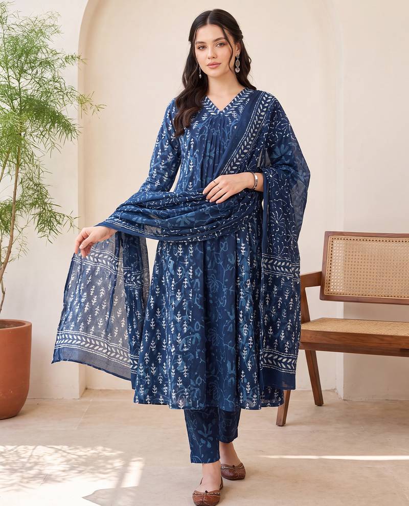 Blue printed a-line kurta trousers with dupatta set