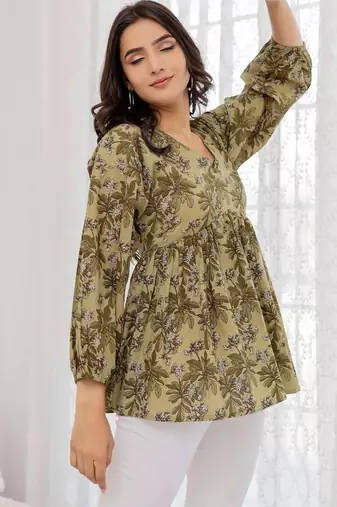 Green cotton printed top for women