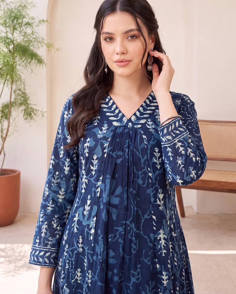 Blue printed a-line kurta trousers with dupatta set