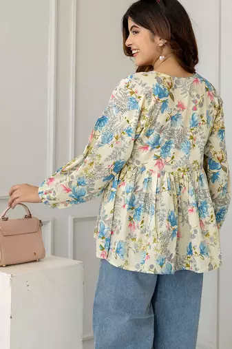 Off-white cotton printed top for women